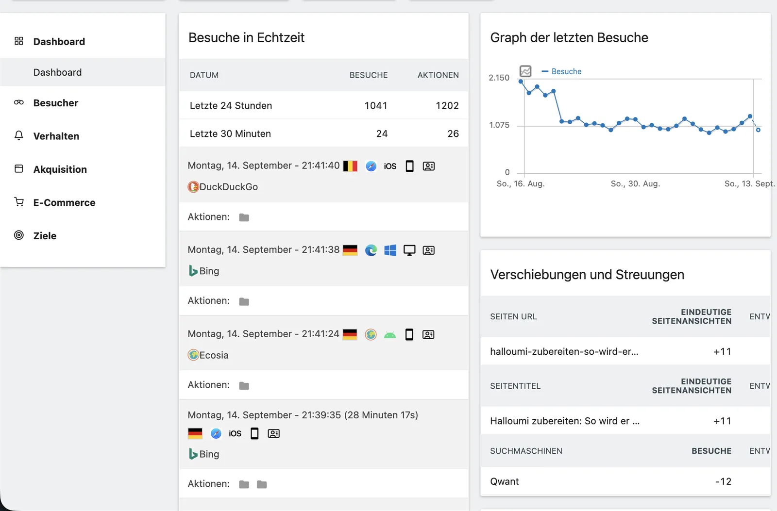Matomo-Echtzeit am 14.09.2026: 1.041 Besuche in 24 Stunden, die letzten Besucher kommen über DuckDuckGo, Bing und Ecosia.