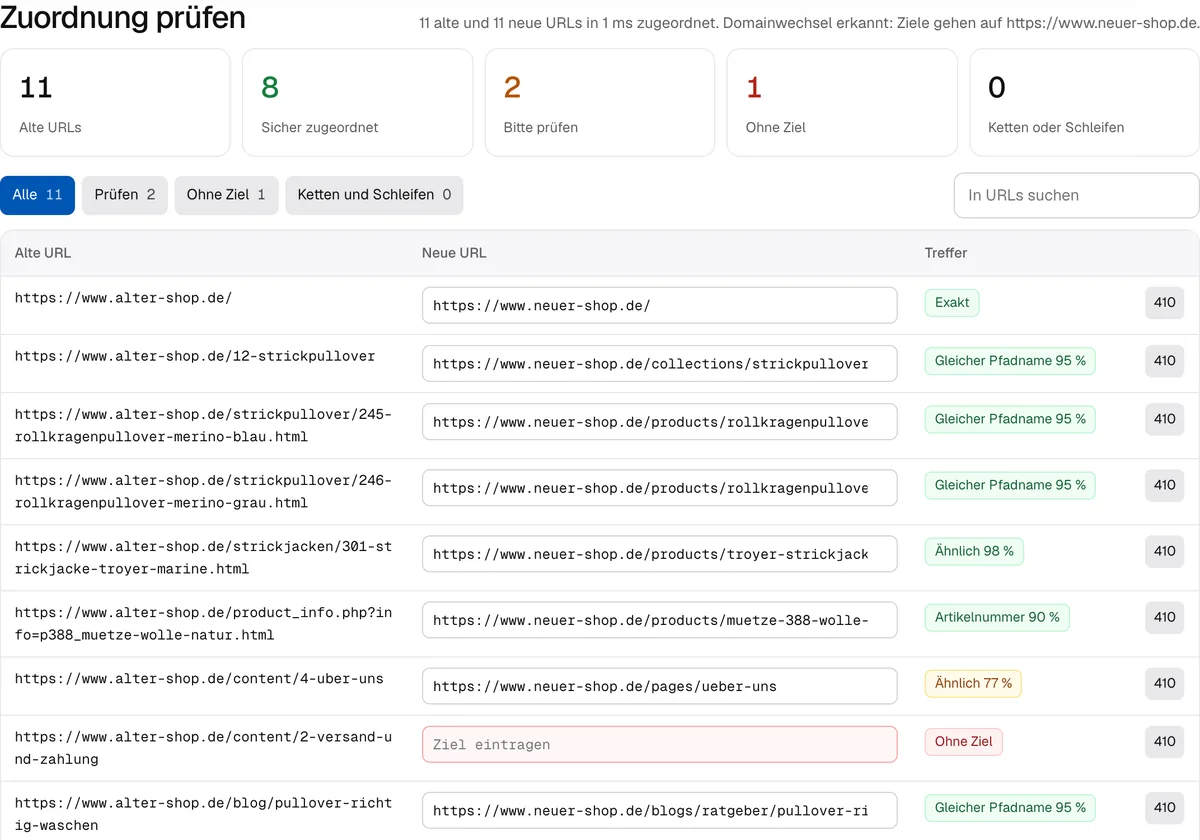 Shop-Umzugs-Planer mit Tabelle aus alten URLs, vorgeschlagenen Zielen, Trefferquote und Status je Zeile